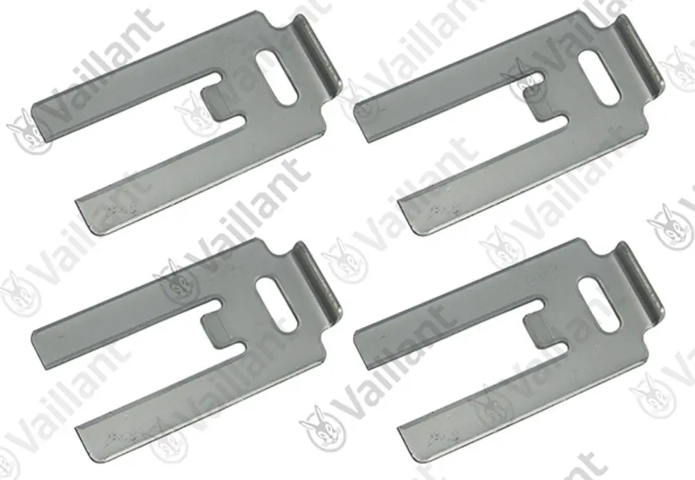 Vaillant Klammern, 4 Stück, aus Metall, mit einer U-Form und Aussparungen. Geeignet für verschiedene Anwendungen im Heizungsbereich.